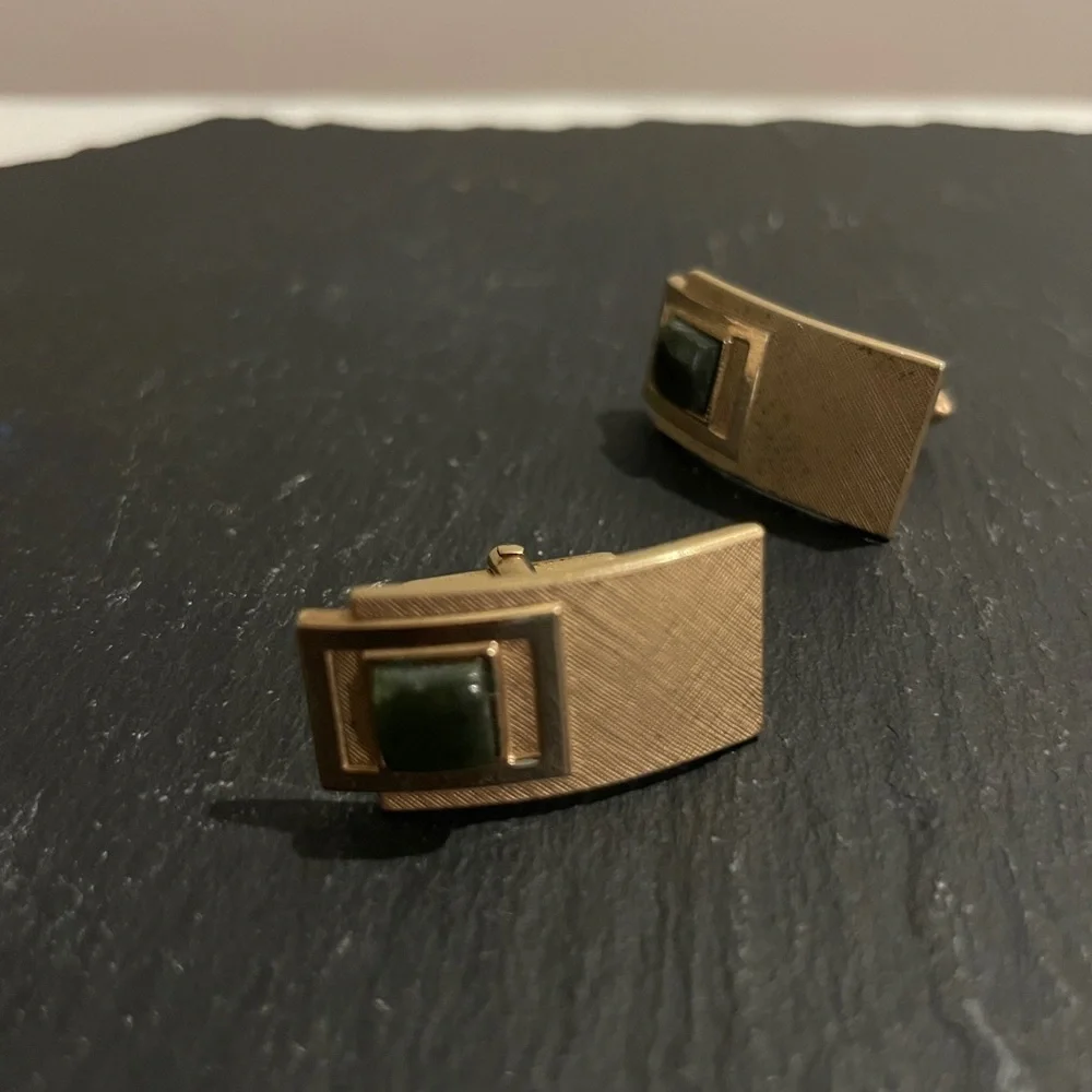 Vintage Swank Gold-tone Cufflinks with Green Jade Stones Bullet Back